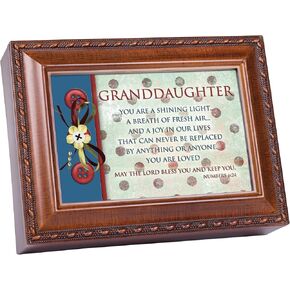 Cottage Garden Granddaughter Shining Light Woodgrain Rope Trim Jewelry Music Box Plays Jesus Loves Me