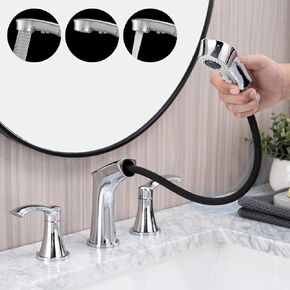 Bathroom Faucet 3 Hole with Pull Out Sprayer, 8 Inch Widespread Bathroom Faucet, Two Handle Vanity Faucet with cUPC Supply Lines, Brushed Golden