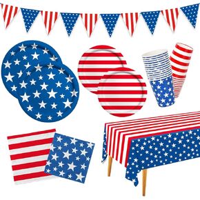 American Flag Patriotic Party Supplies Disposable dinner paper plates dessert paper plates Napkins and Cocktail napkins for Veterans Day Election Day 4th of July Independence Day Decorations, Serve 50