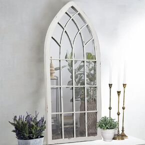 Rustic Arched Window Mirrors for Wall Decor Living Room 20 x 45 inches, Hanging Distressed White Window Pane Mirror Wall Decor, Farmhouse Wooden Cathedral Large Decorative Metal Mirror