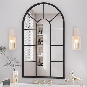 مرآة حائط مقوسة من Hasipu، مرآة زخرفية مقاس 24 بوصة × 42 بوصة، مرآة نافذة بإطار أسود كلاسيكي، مرآة نافذة مقوسة من الألومنيوم مثبتة على الحائط عالية الدقة in Kuwait