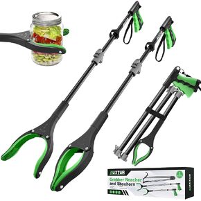 44"Grabber Tool and 32"Long Handled Shoe Horn, 3pack Grabber Reacher Tool Set with 360 Rotating Head,Extra Long for Easy Pickup - Trash Grabber Tool(Green)