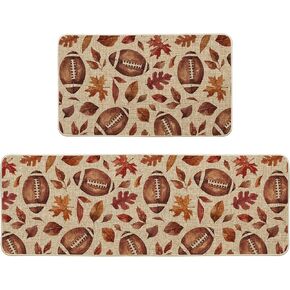 Artoid Mode Rugby Maple Leaves Football Fall Kitchen Mats Set of 2, Autumn Home Decor Low-Profile Kitchen Rugs for Floor - 17x29 and 17x47 Inch