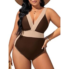 OYOANGLE Women's Plus Size Color Block One Piece Swimsuit Deep V Neck Sleeveless Strap Bathing Suits