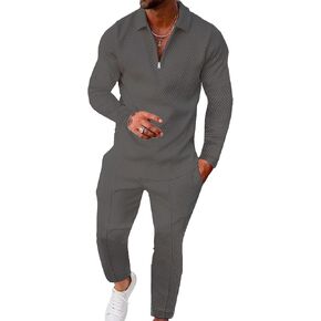 Mens 2 Piece Set Casual Outfits Polo Long Sleeve Shirt & Pants Track Suit Party Clothing Athletic Sweatsuit