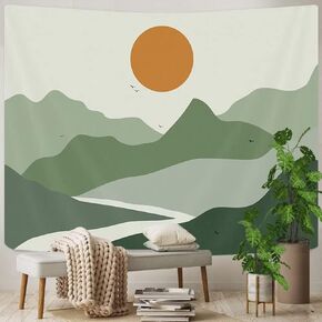 Brown Mountain Tapestry Aesthetic Room Decor Boho Sun Mountain Nature Art Neutral Tapestries Hippie Mid Century Terracotta Sunse Abstract Minimalist Tapestry College Wall Decor 60X40IN Beige Orange