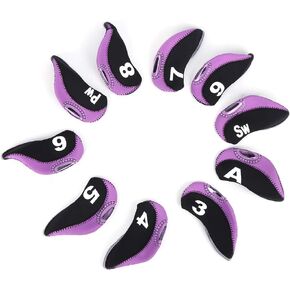 10pcs Black Purple Golfball Club Headcover Neoprene Golfball Putter Protective Cover with View Window & Number Letter for Iron Head Golfball Club