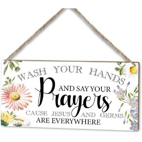 Wash Your Hands and Say Your Prayers Sign, Christian Wood Door Religion Hanging Plaque Decor, Home Farmhouse Flower Bathroom Kitchen Shelf Decor Wooden Sign, Wall Art Decor Toilet Gift-52