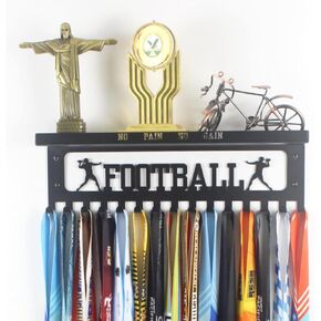 16" Premium Metal Wall Mount FOOTBALL Design Medal Hanger and Ribbon Display Holder Rack with 3" Trophy Shelf and Easy Hanging Hooks - Great Gift for Kids & Adults (Black)