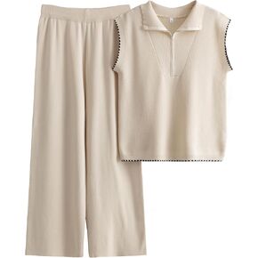 Tanming Two Piece Sets for Women Summer Sleeveless Half Zip Sweater Vest Wide Leg Pants Sweatsuits Lounge Set