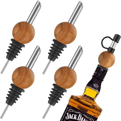 Liquor Bottle Pourers for Alcohol - 4 PCS Solid Wood & Stainless Steel Speed Wine Bottle Pourer for Olive Oil, Whiskey, Vinegar, Juice, Syrup Tapered Stopper Spout Drip-Proof with Sealed Dust Caps in Saudi Arabia