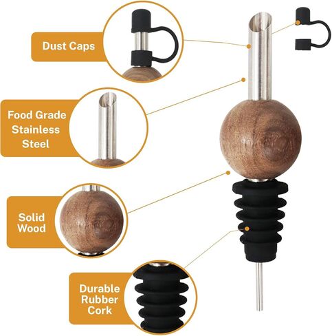 Liquor Bottle Pourers for Alcohol - 4 PCS Solid Wood & Stainless Steel Speed Wine Bottle Pourer for Olive Oil, Whiskey, Vinegar, Juice, Syrup Tapered Stopper Spout Drip-Proof with Sealed Dust Caps in Saudi Arabia