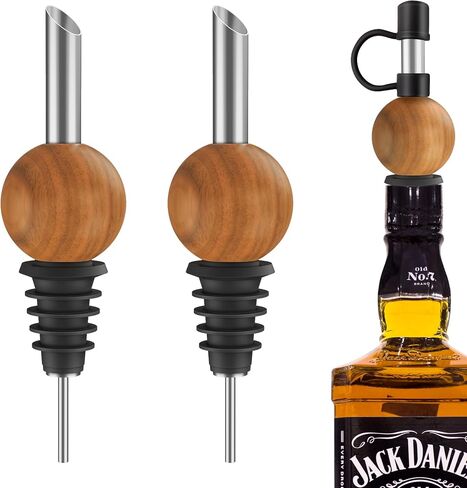 Liquor Bottle Pourers for Alcohol - 4 PCS Solid Wood & Stainless Steel Speed Wine Bottle Pourer for Olive Oil, Whiskey, Vinegar, Juice, Syrup Tapered Stopper Spout Drip-Proof with Sealed Dust Caps in Saudi Arabia