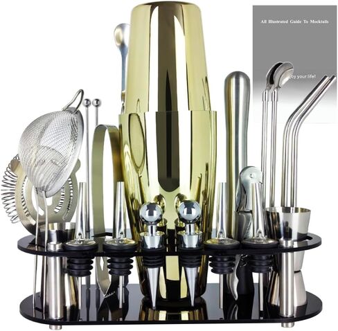 مجموعة شيكر الكوكتيل مكونة من 22 قطعة، طقم نادل 25/20 أونصة، مجموعات أدوات بار من الفولاذ المقاوم للصدأ لخلط المشروبات، شيكر كوكتيل بوسطن مع كتيب وصفات حامل (سيفر 25-20 أونصة) in Kuwait