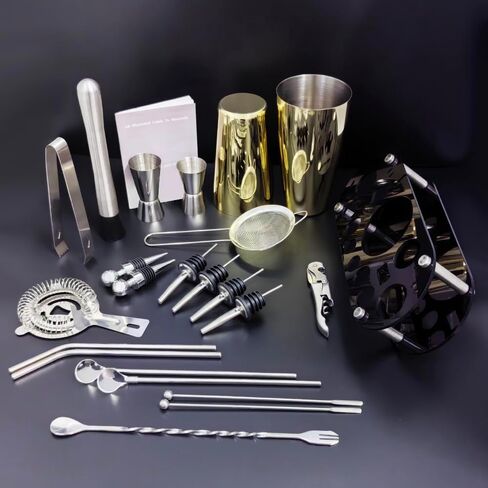 مجموعة شيكر الكوكتيل مكونة من 22 قطعة، طقم نادل 25/20 أونصة، مجموعات أدوات بار من الفولاذ المقاوم للصدأ لخلط المشروبات، شيكر كوكتيل بوسطن مع كتيب وصفات حامل (سيفر 25-20 أونصة) in Kuwait
