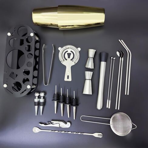 مجموعة شيكر الكوكتيل مكونة من 22 قطعة، طقم نادل 25/20 أونصة، مجموعات أدوات بار من الفولاذ المقاوم للصدأ لخلط المشروبات، شيكر كوكتيل بوسطن مع كتيب وصفات حامل (سيفر 25-20 أونصة) in Kuwait