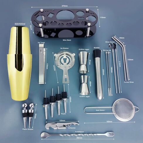 مجموعة شيكر الكوكتيل مكونة من 22 قطعة، طقم نادل 25/20 أونصة، مجموعات أدوات بار من الفولاذ المقاوم للصدأ لخلط المشروبات، شيكر كوكتيل بوسطن مع كتيب وصفات حامل (سيفر 25-20 أونصة) in Kuwait