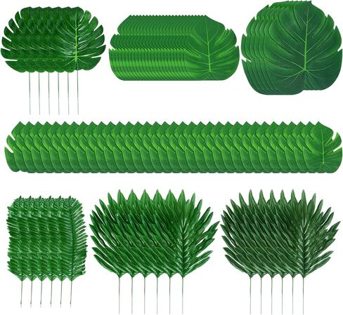 88 قطعة من أوراق النخيل الاستوائية الاصطناعية أوراق Monstera وأوراق النخيل المجففة وأوراق شجرة وهمية خضراء مع سيقان لحفلات الغابة الاستوائية في هاواي وحفلات الشاطئ وغرفة الزفاف لتزيين الحائط in Kuwait