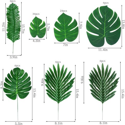 88 قطعة من أوراق النخيل الاستوائية الاصطناعية أوراق Monstera وأوراق النخيل المجففة وأوراق شجرة وهمية خضراء مع سيقان لحفلات الغابة الاستوائية في هاواي وحفلات الشاطئ وغرفة الزفاف لتزيين الحائط in Kuwait