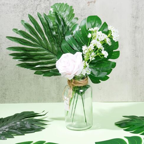 88 قطعة من أوراق النخيل الاستوائية الاصطناعية أوراق Monstera وأوراق النخيل المجففة وأوراق شجرة وهمية خضراء مع سيقان لحفلات الغابة الاستوائية في هاواي وحفلات الشاطئ وغرفة الزفاف لتزيين الحائط in Kuwait