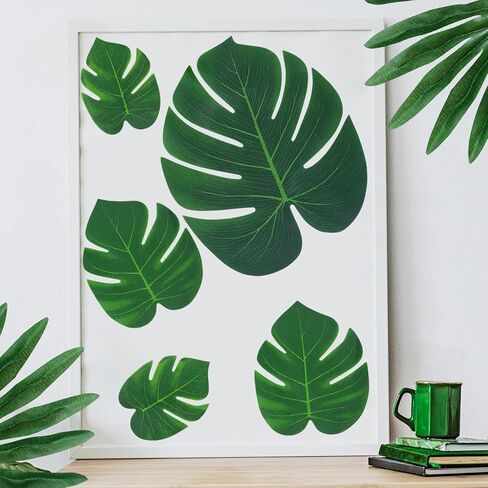 88 قطعة من أوراق النخيل الاستوائية الاصطناعية أوراق Monstera وأوراق النخيل المجففة وأوراق شجرة وهمية خضراء مع سيقان لحفلات الغابة الاستوائية في هاواي وحفلات الشاطئ وغرفة الزفاف لتزيين الحائط in Kuwait