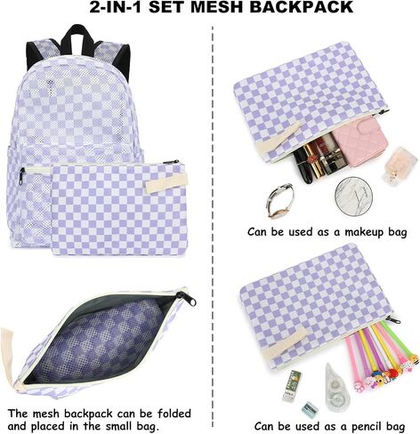 Mesh School Backpack for Girls Women, Heavy Duty See Through College Bookbag School Bag with Storage Bag (Checkered Purple) in Saudi Arabia