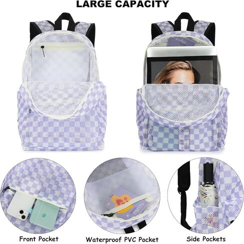 Mesh School Backpack for Girls Women, Heavy Duty See Through College Bookbag School Bag with Storage Bag (Checkered Purple) in Saudi Arabia
