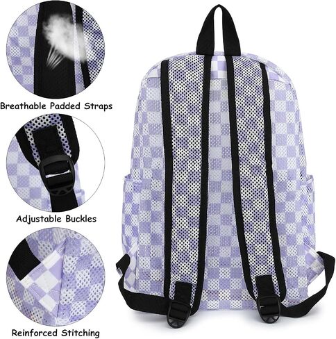 Mesh School Backpack for Girls Women, Heavy Duty See Through College Bookbag School Bag with Storage Bag (Checkered Purple) in Saudi Arabia