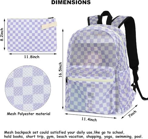 Mesh School Backpack for Girls Women, Heavy Duty See Through College Bookbag School Bag with Storage Bag (Checkered Purple) in Saudi Arabia