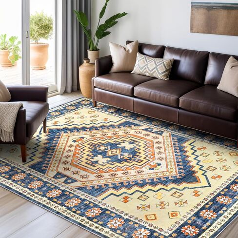 Area Rug Washable Living Room - 5x7 Vintage Carpet for Bedroom Dining Room Home Decor Machine Wash Non Slip Soft Low Pile Oriental Rug for Office College Dorm Indoor Floor Blue/Cream in Saudi Arabia
