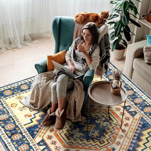 Area Rug Washable Living Room - 5x7 Vintage Carpet for Bedroom Dining Room Home Decor Machine Wash Non Slip Soft Low Pile Oriental Rug for Office College Dorm Indoor Floor Blue/Cream in Saudi Arabia