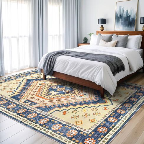 Area Rug Washable Living Room - 5x7 Vintage Carpet for Bedroom Dining Room Home Decor Machine Wash Non Slip Soft Low Pile Oriental Rug for Office College Dorm Indoor Floor Blue/Cream in Saudi Arabia
