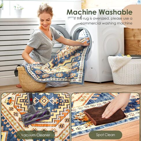 Area Rug Washable Living Room - 5x7 Vintage Carpet for Bedroom Dining Room Home Decor Machine Wash Non Slip Soft Low Pile Oriental Rug for Office College Dorm Indoor Floor Blue/Cream in Saudi Arabia