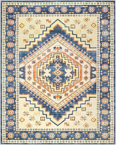 Area Rug Washable Living Room - 5x7 Vintage Carpet for Bedroom Dining Room Home Decor Machine Wash Non Slip Soft Low Pile Oriental Rug for Office College Dorm Indoor Floor Blue/Cream in Saudi Arabia
