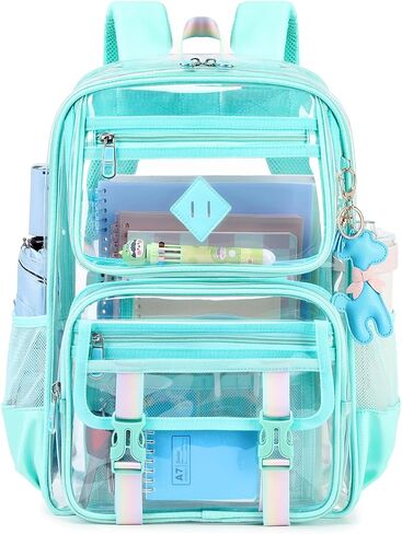 Clear Backpack for School, PVC Clear Bookbag Heavy Duty Transparent Backpack for Stadium Events Multiple Pockets See Through Bag for Teens Girls Women with Leather Pendant, Pink in Saudi Arabia