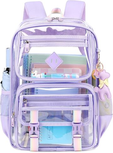 Clear Backpack for School, PVC Clear Bookbag Heavy Duty Transparent Backpack for Stadium Events Multiple Pockets See Through Bag for Teens Girls Women with Leather Pendant, Pink in Saudi Arabia