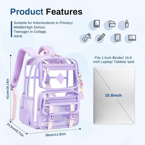 Clear Backpack for School, PVC Clear Bookbag Heavy Duty Transparent Backpack for Stadium Events Multiple Pockets See Through Bag for Teens Girls Women with Leather Pendant, Pink in Saudi Arabia