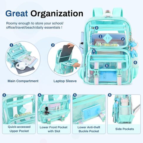 Clear Backpack for School, PVC Clear Bookbag Heavy Duty Transparent Backpack for Stadium Events Multiple Pockets See Through Bag for Teens Girls Women with Leather Pendant, Pink in Saudi Arabia