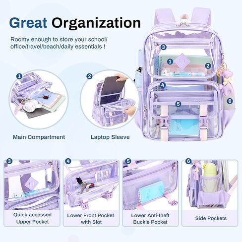 Clear Backpack for School, PVC Clear Bookbag Heavy Duty Transparent Backpack for Stadium Events Multiple Pockets See Through Bag for Teens Girls Women with Leather Pendant, Pink in Saudi Arabia