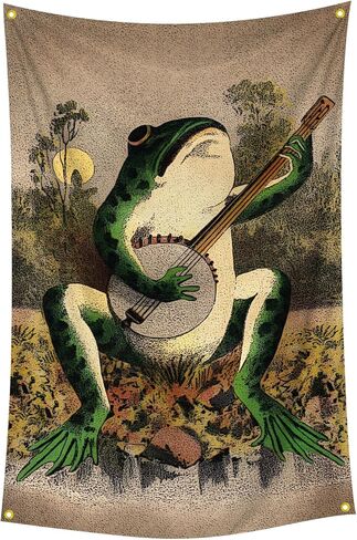 owupIa Vintage Boho Wall Decor Frog Playing The Banjo Tapestry With 4 Brass Grommets For College Dorm Man Cave,Bedroom Decor in Saudi Arabia