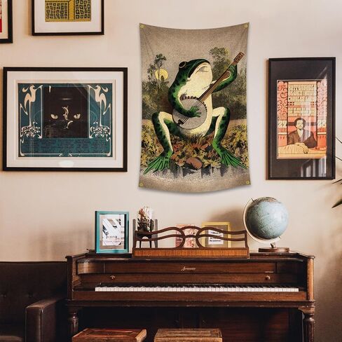 owupIa Vintage Boho Wall Decor Frog Playing The Banjo Tapestry With 4 Brass Grommets For College Dorm Man Cave,Bedroom Decor in Saudi Arabia