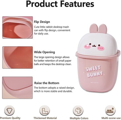 Mini Trash Can with Lid Cute Rabbit Desktop Flip Small Trash Can 0.35 Gallons Countertop Garbage Cans for Bathrooms, Kitchens, Offices, Waste Basket for Dressing Table (White) in Saudi Arabia