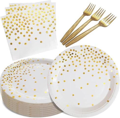 White and Gold Paper Plates Napkins Party Supplies,Disposable Gold Dot Paper Dessert Plates,105 PCS Birthday Plates and Napkins Party Supplies for Wedding,Baby Shower(Serves 35 Guests 7") in Saudi Arabia