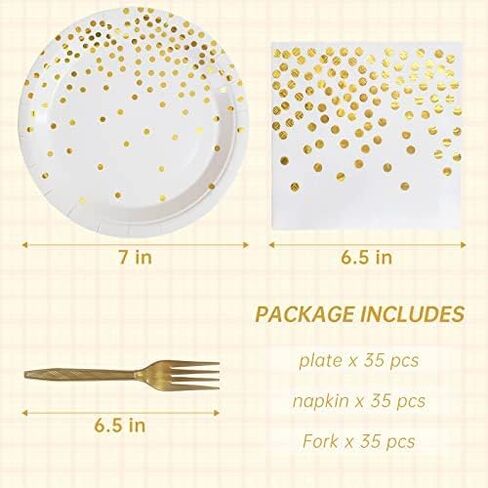 White and Gold Paper Plates Napkins Party Supplies,Disposable Gold Dot Paper Dessert Plates,105 PCS Birthday Plates and Napkins Party Supplies for Wedding,Baby Shower(Serves 35 Guests 7") in Saudi Arabia