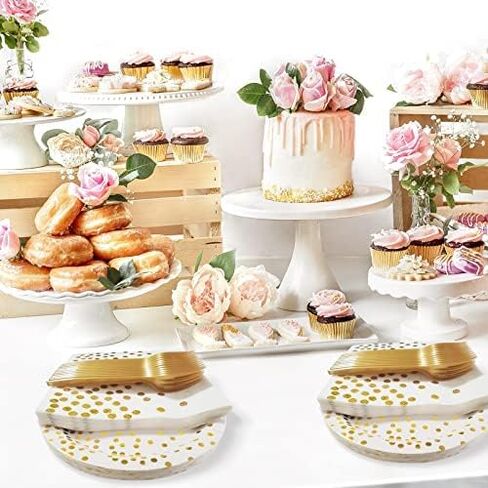 White and Gold Paper Plates Napkins Party Supplies,Disposable Gold Dot Paper Dessert Plates,105 PCS Birthday Plates and Napkins Party Supplies for Wedding,Baby Shower(Serves 35 Guests 7") in Saudi Arabia
