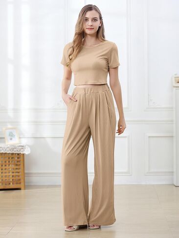 Betusline ملابس نسائية عادية 2 قطعة ملابس قصيرة الأكمام Crewneck مضلع متماسكة بنطال ذو قصة أرجل واسعة بدلة رياضية نسائية بدلة رياضية in Kuwait