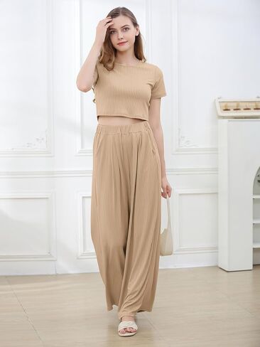 Betusline ملابس نسائية عادية 2 قطعة ملابس قصيرة الأكمام Crewneck مضلع متماسكة بنطال ذو قصة أرجل واسعة بدلة رياضية نسائية بدلة رياضية in Kuwait