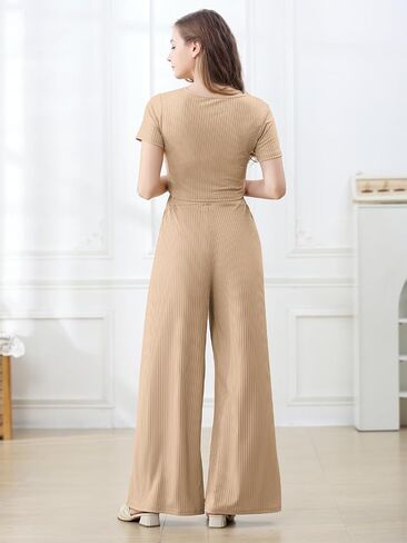 Betusline ملابس نسائية عادية 2 قطعة ملابس قصيرة الأكمام Crewneck مضلع متماسكة بنطال ذو قصة أرجل واسعة بدلة رياضية نسائية بدلة رياضية in Kuwait
