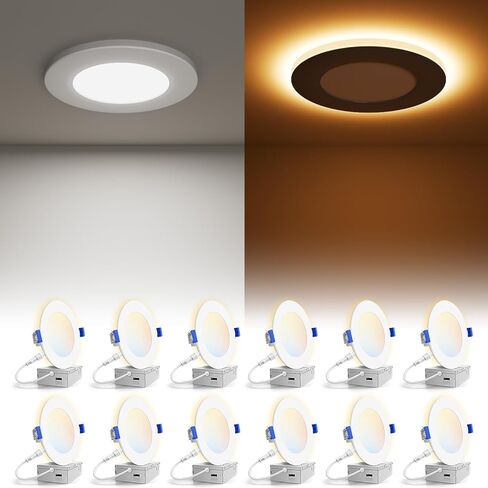 VOLISUN 12 Pack 4 Inch 5CCT Recessed Light with Night Light,Canless LED Recessed Lighting 4 inch,2700K-5000K Selectable,9.5W=80W,810LM Dimmable Recessed Ceiling Wafer Light,ETL Certificated in Kuwait