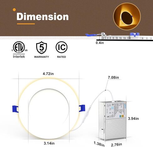 VOLISUN 12 Pack 4 Inch 5CCT Recessed Light with Night Light,Canless LED Recessed Lighting 4 inch,2700K-5000K Selectable,9.5W=80W,810LM Dimmable Recessed Ceiling Wafer Light,ETL Certificated in Kuwait